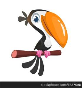 Funny toucan cartoon. Vector toucan bird sitting on the branch. Illustration isolated