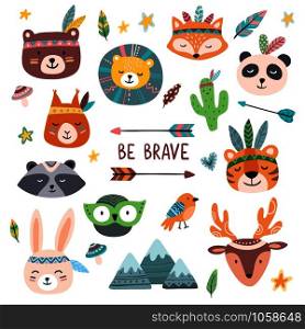 Funny tribal animals faces. Wild woodland zoo, cute animal with tribals face painting. Ethnic forest animals squirrel, bear and deer portrait isolated cartoon vector icons set. Funny tribal animals faces. Wild woodland zoo, cute animal with tribals face painting isolated cartoon vector set