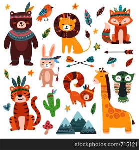 Funny tribal animals. Woodland baby animal, cute wild forest fox and jungle tribals zoo. Jungle lion, tiger and giraffe tribal characters. Isolated cartoon vector character icons set. Funny tribal animals. Woodland baby animal, cute wild forest fox and jungle tribals zoo isolated cartoon vector character set