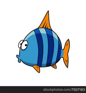 Funny tropical fish cartoon character with bright blue striped body, yellow fins and tail. Cartoon isolated blue striped fish