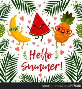 Funny tropical fruits on the summer party. Vector background. Summer fruit pineapple and sweet banana, illustration of template exotic fruits. Funny tropical fruits on the summer party. Vector background