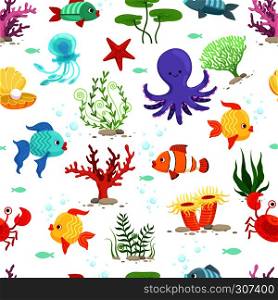 Funny underwater life with sea plants and fishes. Vector seamless pattern. Fish animal in ocean, wallpaper with sea wildlife illustration. Funny underwater life with sea plants and fishes. Vector seamless pattern