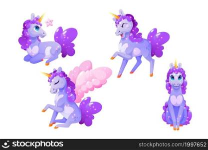 Funny unicorn character, Pegasus with pink wings and gold horn in different poses isolated on white background. Vector set of cartoon cute magic horse with golden horn, purple mane and sparkles. Funny unicorn character in different poses