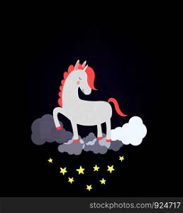 Funny unicorn sleep on cloud with dream castle silhouette in night sky with shining stars. Good night fantasy background. White pony sleeping stamping hooves Cartoon scandinavian Illustration. Funny unicorn sleep on cloud with dream castle