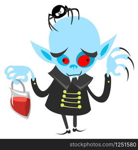 Funny vampire holding bag of blood. Halloween vector dracula illustration