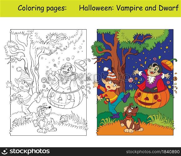 Funny vampire jumped out of a pumpkin and scared gnome. Halloween concept. Coloring book page for children with colorful template. Vector cartoon illustration. For print, decor, education and game.. Coloring and colorful Halloween kids in costume of vampire and gnome