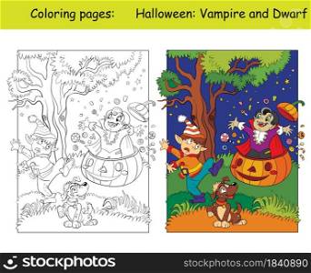 Funny vampire jumped out of a pumpkin and scared gnome. Halloween concept. Coloring book page for children with colorful template. Vector cartoon illustration. For print, decor, education and game.. Coloring and colorful Halloween kids in costume of vampire and gnome
