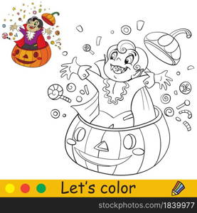 Funny vampire jumps out of a pumpkin with sweets. Halloween concept. Coloring book page for children with colorful template. Vector cartoon illustration. For print, preschool education and game. Coloring with template Halloween vampire jumps out of pumpkin