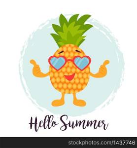 Funny vector background with pineapple in sunglasses. Hello summer background. Funny background with pineapple in sunglasses