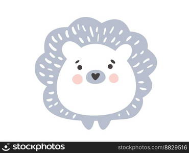 Funny vector hedgehog in hand drawn scandinavian baby style. Outline drawing. Perfect for apparel, cards, poster, nursery decoration. Isolated on white background illustration.. Funny vector hedgehog in hand drawn scandinavian baby style. Outline drawing. Perfect for apparel, cards, poster, nursery decoration. Isolated on white background illustration