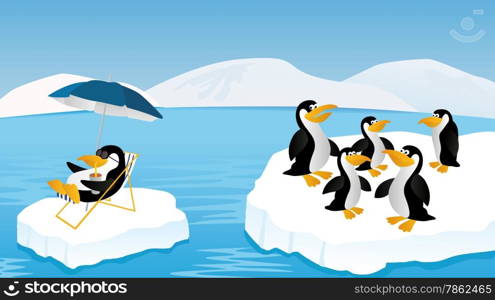 Funny vector illustration of penguins floating on the ice