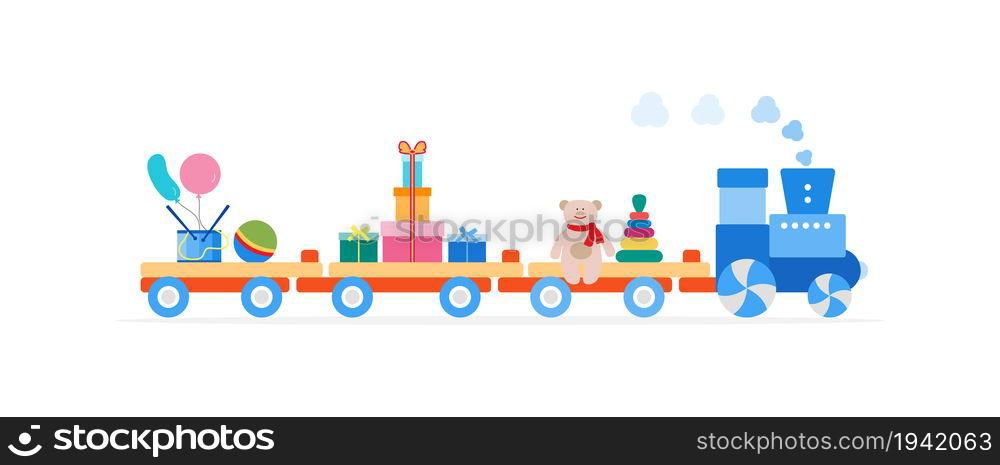 Funny vector illustration with train carries toys: pyramid, bear, gifts, ball, drum, balloons. Happy New Year 2019, Christmas, Birthday. Sale, shopping concept.