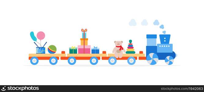 Funny vector illustration with train carries toys: pyramid, bear, gifts, ball, drum, balloons. Happy New Year 2019, Christmas, Birthday. Sale, shopping concept.