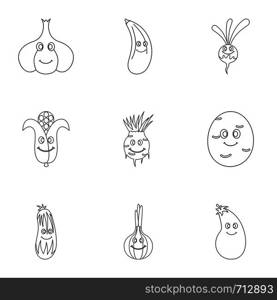 Funny vegetables character icon set. Outline set of 9 funny vegetables character vector icons for web isolated on white background. Funny vegetables character icon set, outline style
