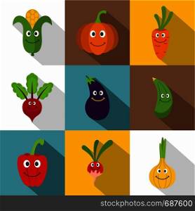 Funny vegetables icons set. Flat set of 9 funny vegetables vector icons for web with long shadow. Funny vegetables icons set, flat style