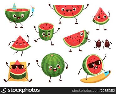Funny watermelon slices characters with cartoon smile faces. Cute fruit in sunglasses surf. Summer time party. Comic watermelons vector set. Illustration of fruit watermelon, sweet and healthy. Funny watermelon slices characters with cartoon smile faces. Cute fruit in sunglasses surf. Summer time party. Comic watermelons vector set
