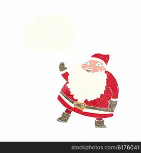 funny waving santa claus cartoon with thought bubble