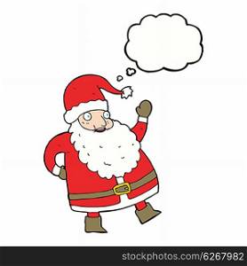 funny waving santa claus cartoon with thought bubble