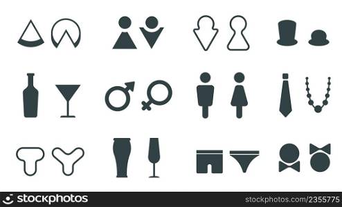Funny wc signs for men and women, toilet or restroom icons. Male and female bathroom door gender pictogram for cafe or restaurant vector set. Minimal washroom symbols with underwear, accessories. Funny wc signs for men and women, toilet or restroom icons. Male and female bathroom door gender pictogram for cafe or restaurant vector set