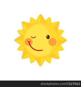 Funny winking Sun icon in flat style isolated on white background. Smiling cartoon sun. Vector illustration.. Funny winking Sun icon in flat style isolated on white background.