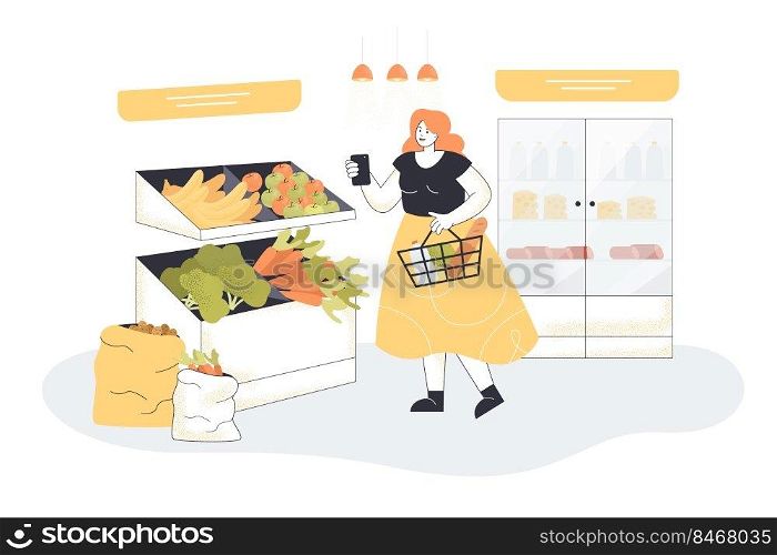 Funny woman with shopping basket choosing fruits and vegetables on shelves at grocery store. Customer buying good food in shop or supermarket flat vector illustration. Nutrition, going to shop concept