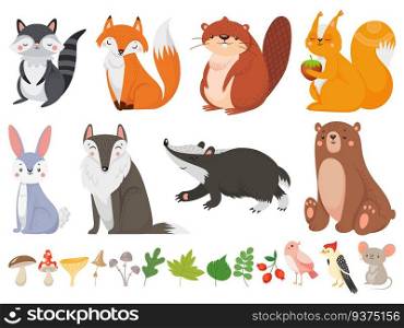 Funny wood animals. Wild forest animal, happy woodland fox and cute squirrel. Wood wild fauna wolf, bear and raccoon character, mushrooms and birds. Vector cartoon isolated icons illustration set. Funny wood animals. Wild forest animal, happy woodland fox and cute squirrel vector cartoon illustration set