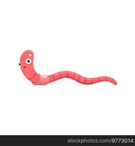Funny worm cartoon character. Isolated vector garden earthworm personage crawl. Earth worm wildlife nature, insect, soil bug. Cute funny fishing lure, pink compost or dung invertebrate creature. Funny worm cartoon character, garden earthworm