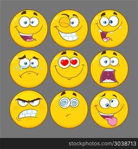 Funny Yellow Cartoon Emoji Face Series Character Set 1. Collection With Gray Background