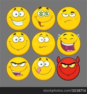 Funny Yellow Cartoon Emoji Face Series Character Set 2. Collection With Gray Background