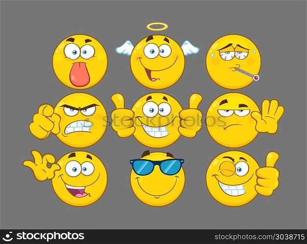 Funny Yellow Cartoon Emoji Face Series Character Set 3. Vector Collection With Gray Background