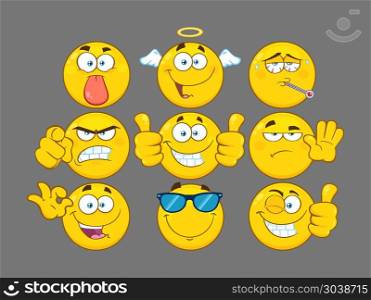 Funny Yellow Cartoon Emoji Face Series Character Set 3. Vector Collection With Gray Background