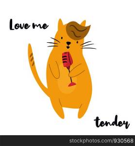 Funny yellow cat singing in microphone. Vector illustration. Character design. Pet collection. Jazz musician. Funny yellow cat singing in microphone.