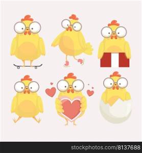 Funny yellow chickens in different poses, vector illustration. . Funny yellow chickens in different poses