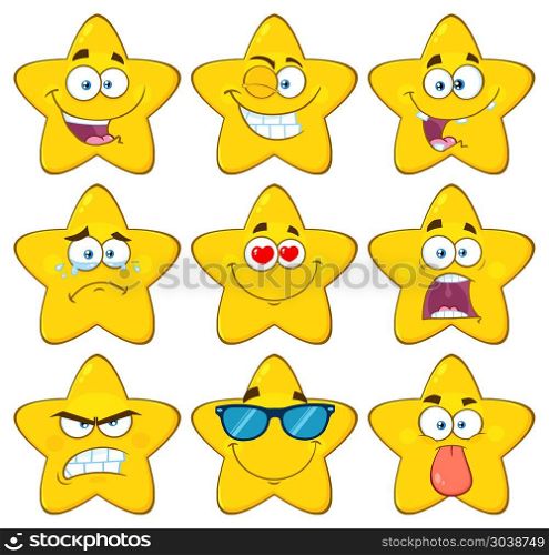 Funny Yellow Star Cartoon Emoji Face Series Character Set 1. Vector Collection Isolated On White Background
