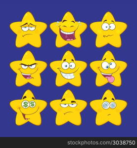 Funny Yellow Star Cartoon Emoji Face Series Character Set 2. Vector Collection Over Dark Blue Background