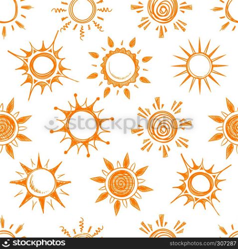 Funny yellow summer sun vector seamless pattern. Background with sun sketch, illustration of natural cartoon hot sun. Funny yellow summer sun vector seamless pattern