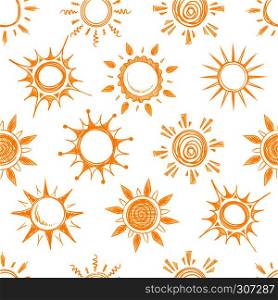 Funny yellow summer sun vector seamless pattern. Background with sun sketch, illustration of natural cartoon hot sun. Funny yellow summer sun vector seamless pattern