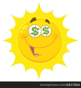 Funny Yellow Sun Cartoon Emoji Face Character With Dollar Eyes And Smiling Expression. Illustration Isolated On White Background