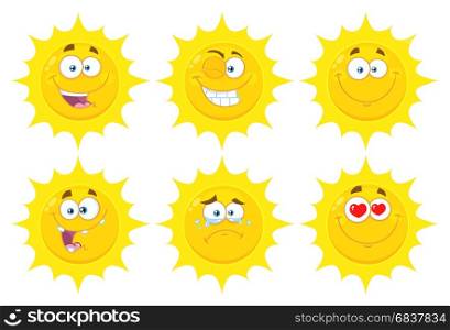 Funny Yellow Sun Cartoon Emoji Face Series Character Set 1. Flat Design Collection Isolated On White