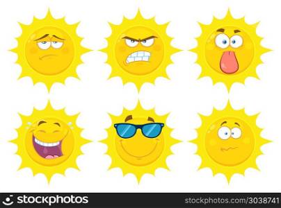 Funny Yellow Sun Cartoon Emoji Face Series Character Set 2. Vector Flat Design Collection Isolated On White