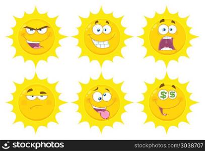 Funny Yellow Sun Cartoon Emoji Face Series Character Set 3. Vector Flat Design Collection Isolated On White