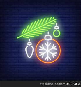 Fur branch with baubles. Neon sign element. Christmas concept for night bright advertisement design. Vector illustration in neon style for festive design, New Year, holiday