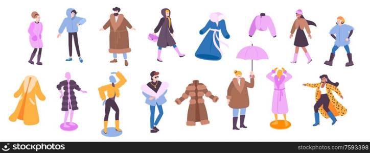 Fur coat set with man and woman fashion flat isolated vector illustration. Fur Coat Set