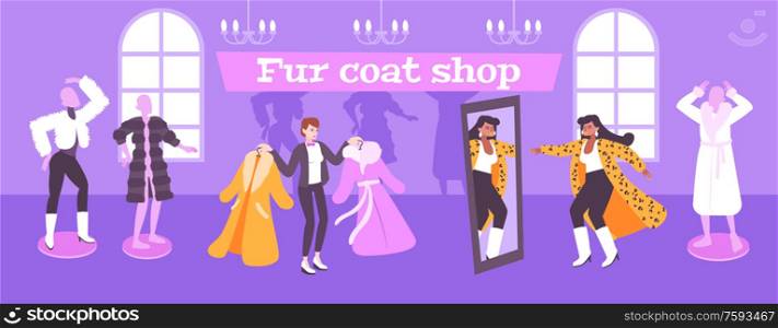 Fur coat shop background with fashion symbols flat vector illustration. Fur Coat Shop Background