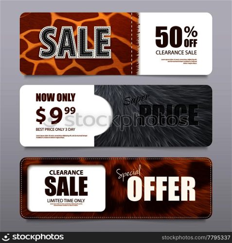 Fur sale advertising horizontal banners with percentage discount and various elements texture realistic vector illustration. Fur Texture Realistic Banners