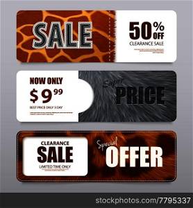 Fur sale advertising horizontal banners with percentage discount and various elements texture realistic vector illustration. Fur Texture Realistic Banners