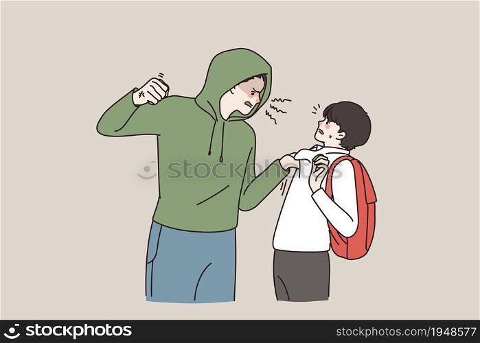 Furious big guy threaten bullying small boy pupil. Scared terrified little schoolboy afraid of aggressive classmate. Teenage problems, discrimination concept. Flat vector illustration.. Aggressive big guy bullying small schoolboy