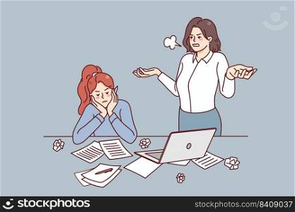 Furious boss stressed with employee unproductive work in office. Angry businesswoman unhappy with lazy worker at workplace. Vector illustration. . Furious businesswoman stressed with unproductive employee 