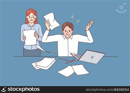 Furious boss yelling lecturing scared female secretary in office. Man businessman stressed at workplace scolding employee throwing papers. Vector illustration. . Furious boss yelling at secretary in office