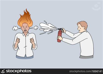 Furious business lady burning and shouting. Vector concept illustration of anger lady with fire on head sprayed by man with fire extinguisher.. Furious business lady burning and shouting